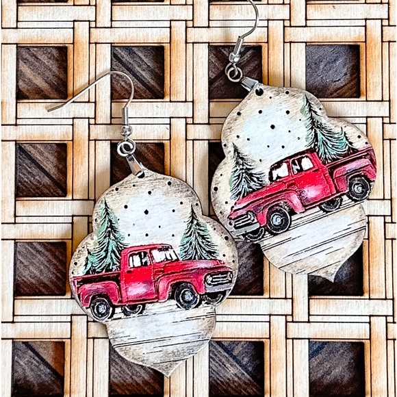 Red Truck Drop Earrings, Christmas Earrings, Red Truck - Picture 2 of 3